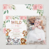 Invitation Safari Animal Wild One Floral 1er Anniversaire Pho (Devant / Derrière)