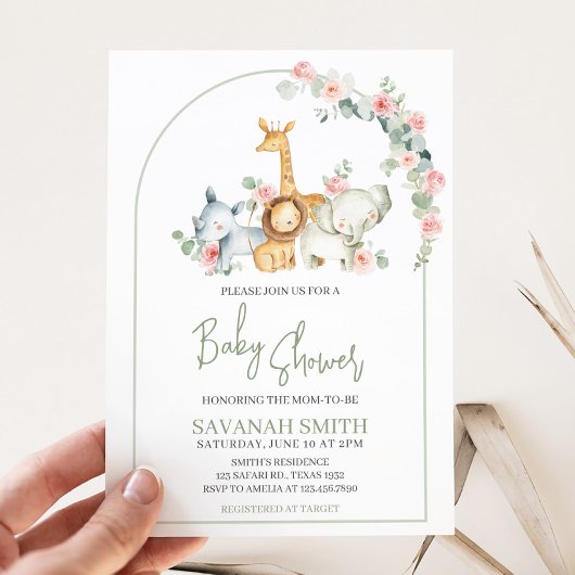 Invitation Safari Animals Floral Baby Shower 