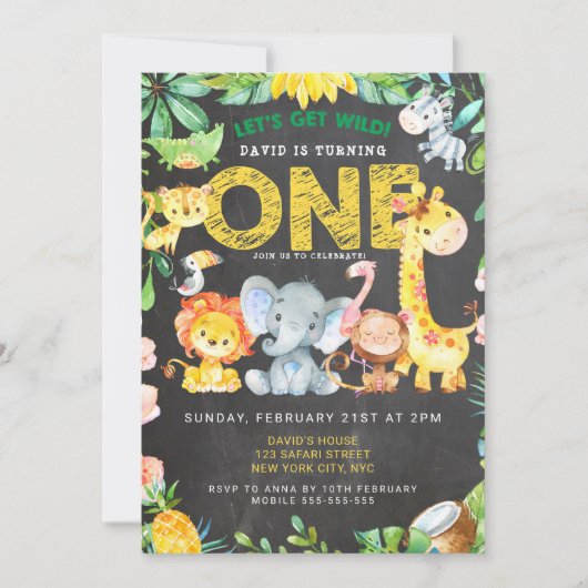 Invitation Safari Animaux 1er Garçon Anniversaire Chalkboard  (Devant)