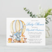 Invitation Safari Animaux Air Balloon Blue Bow Baby shower (Debout devant)