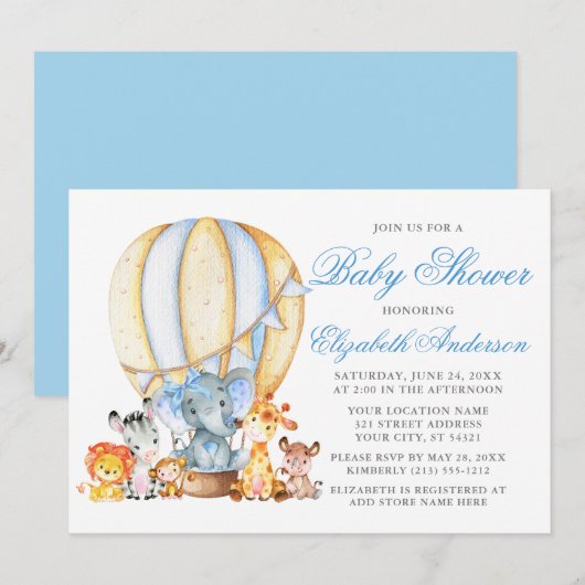 Invitation Safari Animaux Air Balloon Blue Bow Baby shower (Devant / Derrière)