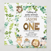 Invitation Safari Animaux appelant Animaux de fête 1er annive (Devant / Derrière)