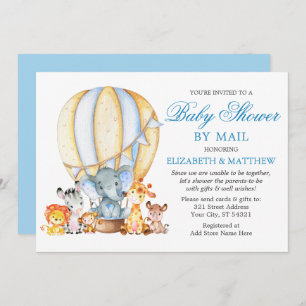 Invitation Safari Animaux Baby shower bleu ballon par la post