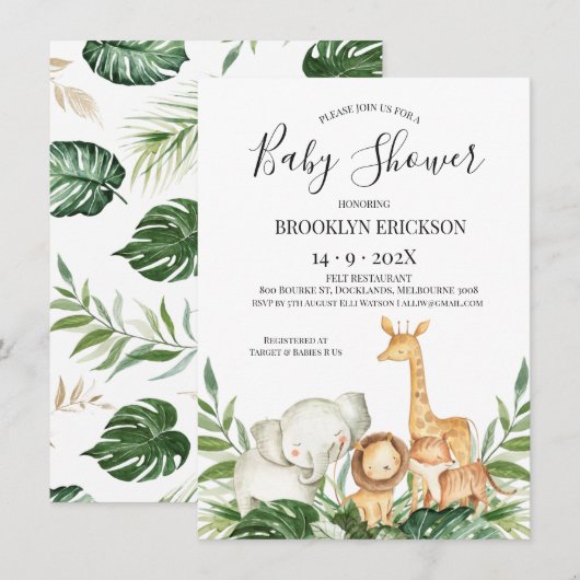 Invitation Safari Animaux Baby shower de feuillage (Devant / Derrière)