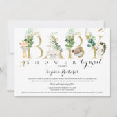 Invitation Safari Animaux Baby shower Par Mail Greenery Gold (Devant)