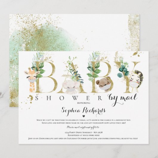 Invitation Safari Animaux Baby shower Par Mail Greenery Gold (Devant / Derrière)
