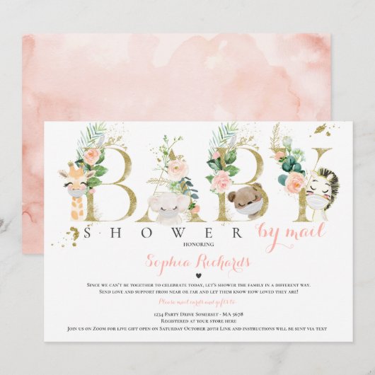 Invitation Safari Animaux Baby shower Par Mail Greenery Gold (Devant / Derrière)