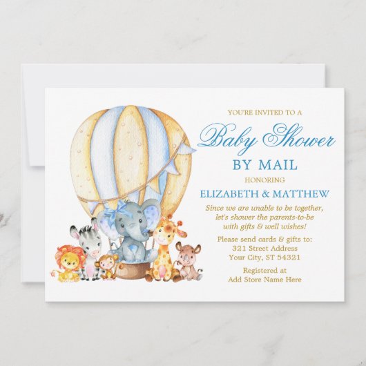 Invitation Safari Animaux Balloon Blue Bow douche par la post (Devant)