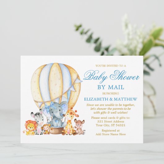 Invitation Safari Animaux Balloon Blue Bow douche par la post (Debout devant)