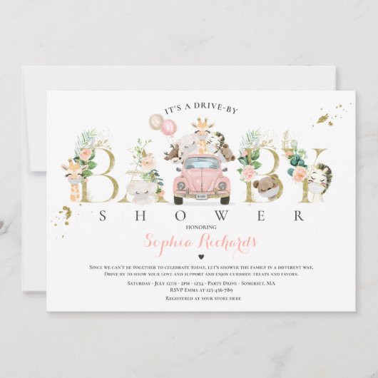 Invitation Safari Animaux Conduite Par Baby shower Verdure Or (Devant)