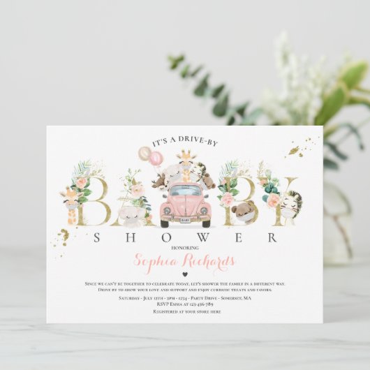 Invitation Safari Animaux Conduite Par Baby shower Verdure Or (Debout devant)