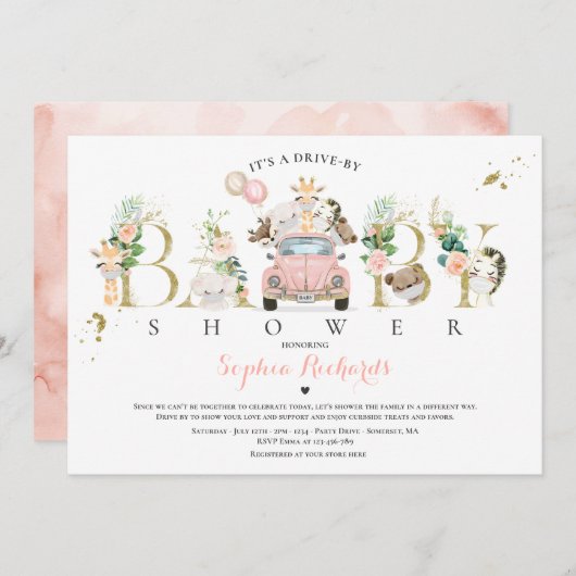 Invitation Safari Animaux Conduite Par Baby shower Verdure Or (Devant / Derrière)