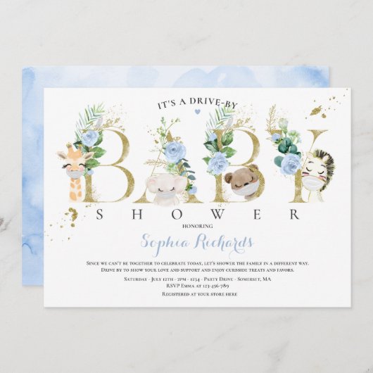 Invitation Safari Animaux Conduite Par Baby shower Vert Bleu (Devant / Derrière)