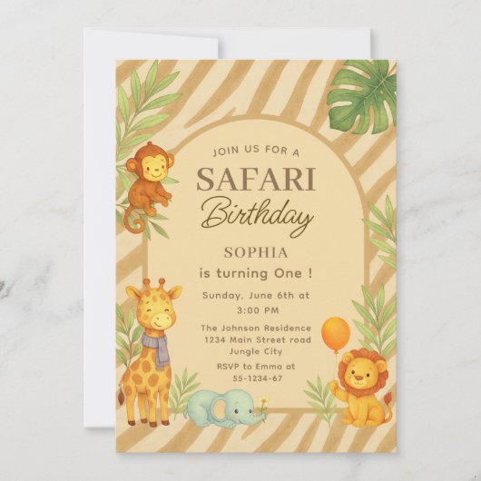 Invitation Safari Animaux de la Jungle Premier Anniversaire (Devant)