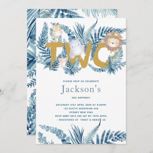 Invitation Safari Animaux Deuxième anniversaire (Devant / Derrière)