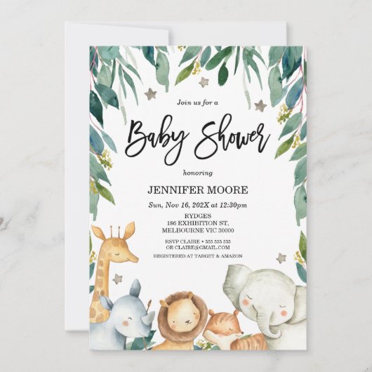 Invitation Safari Animaux Et Baby shower De Foliage (Devant)