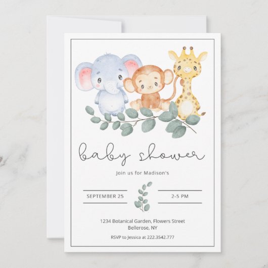 Invitation Safari Animaux et Baby shower verdoyant (Devant)