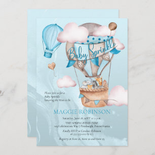Invitation Safari Animaux et Ballons Blue Garçon Bébé Sprinke