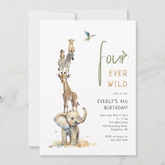 Invitation Safari Animaux "Four Ever Wild" Anniversaire de en (Devant)