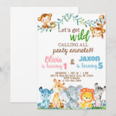 Invitation Safari animaux garçon & fille frères et soeurs ann (Devant / Derrière)