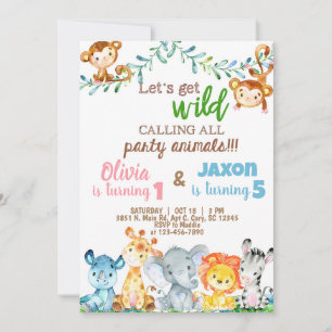 Invitation Safari animaux garçon & fille frères et soeurs ann