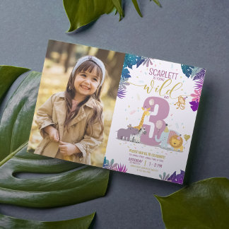 Invitation Safari Animaux Jeune Fille Wild & 3 Photo Annivers