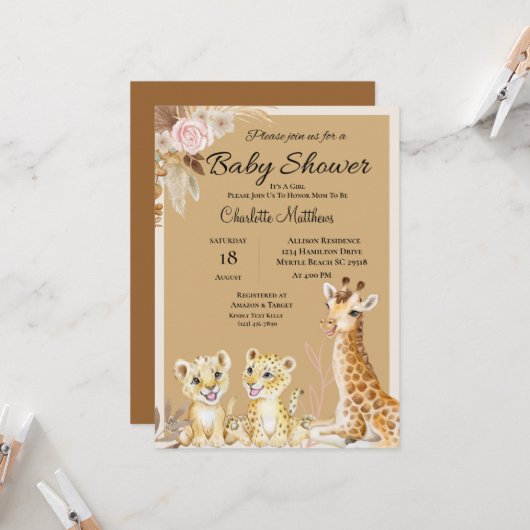 Invitation Safari Animaux Jungle Baby shower (Devant/Arrière en situation)