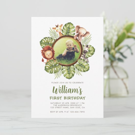 Invitation Safari Animaux Photo Jungle Green 1er anniversaire (Debout devant)