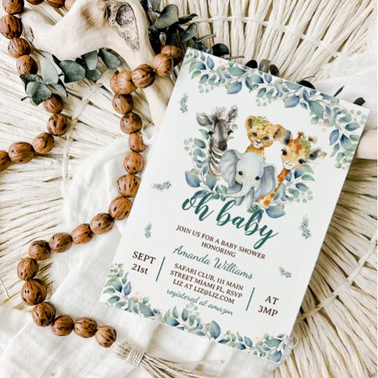 Invitation Safari Animaux Sage Green Baby shower
