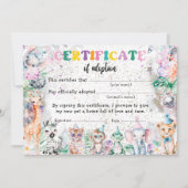 Invitation Safari Animaux sauvages Certificat d'adoption Anni (Devant)