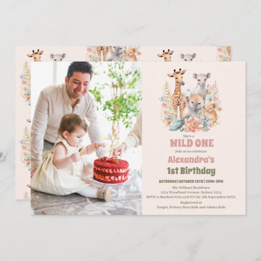 Invitation Safari Animaux sauvages Un 1er anniversaire (Devant / Derrière)