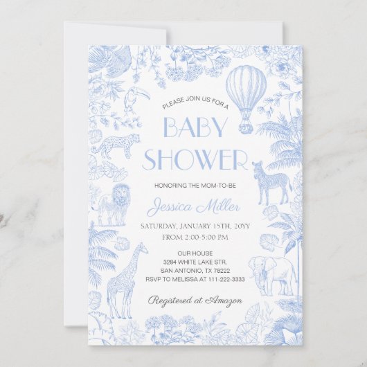 Invitation Safari Animaux Toile De Jouy Baby shower Garçon (Devant)