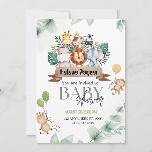 Invitation Safari Animaux Verdure & Baby shower Eucalyptus (Devant)