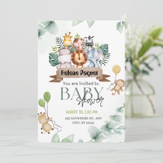 Invitation Safari Animaux Verdure & Baby shower Eucalyptus (Debout devant)