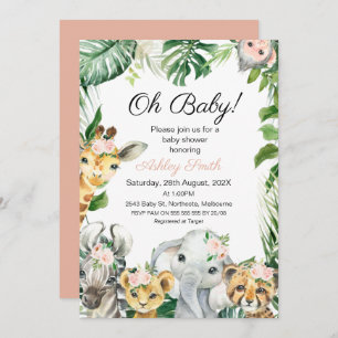 Invitation Safari Animaux Verdure Filles Baby shower