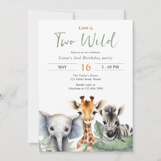 Invitation Safari Animaux Wild Two fête d'anniversaire (Devant)