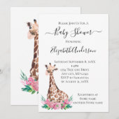 Invitation Safari Baby Giraffe avec fleurs roses (Devant / Derrière)
