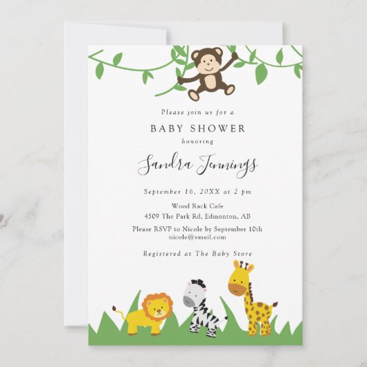 Invitation Safari Baby shower Jungle Animaux mignons Sauvage (Devant)