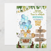 Invitation Safari, ballons, animaux de la jungle, anniversair (Devant / Derrière)