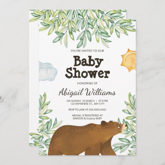 Invitation Safari Bear Greenery Baby shower d'aquarelle (Devant / Derrière)