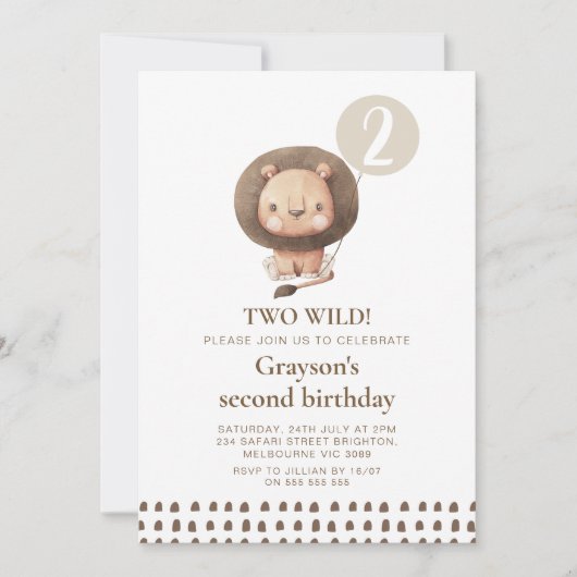 Invitation Safari Brown moderne Lion Deux Wild 2e Anniversair (Devant)