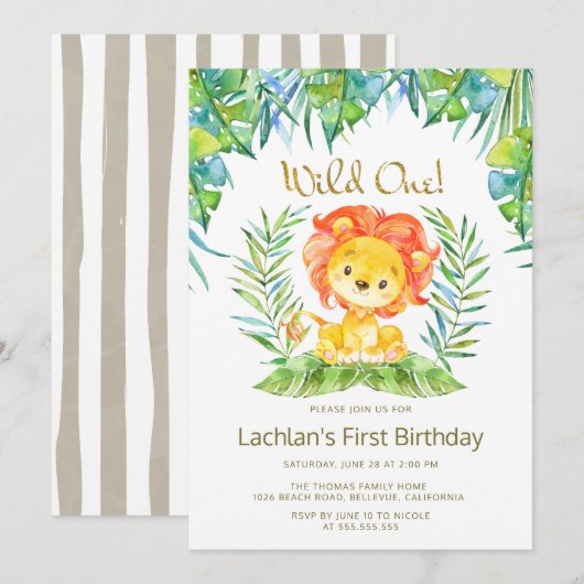 Invitation Safari Cute Lion Wild Un 1er anniversaire (Devant / Derrière)