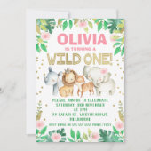 Invitation safari d'anniversaire en couleur vert rose (Devant)