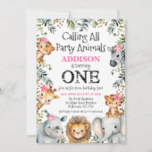 Invitation Safari de feuillage rose premier anniversaire (Devant)