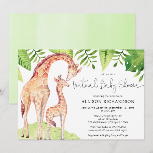 Invitation Safari de girafe de Baby shower virtuel (Devant / Derrière)