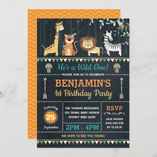 Invitation Safari de la jungle tribale Animaux sauvages Un 1e (Devant / Derrière)