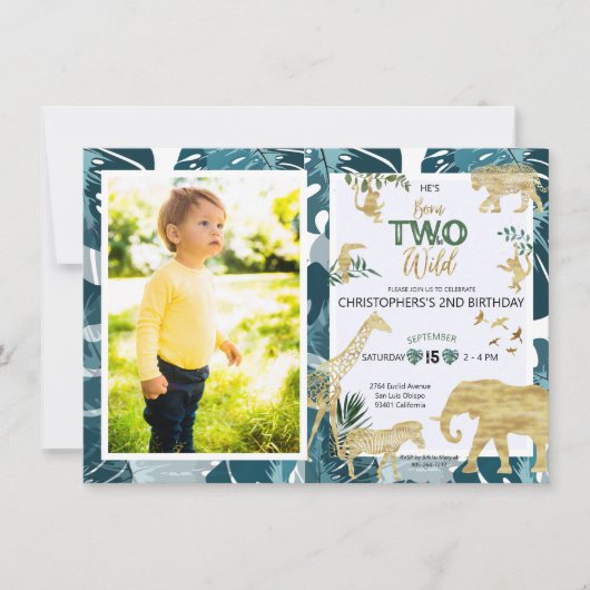 Invitation Safari Deux Wild Birthday Photo Verdure & Or (Devant)