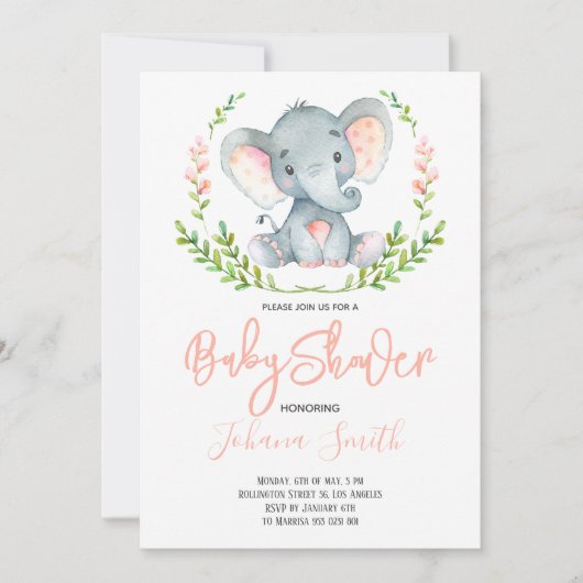 Invitation Safari Elephant Aquarelle Baby shower fille (Devant)