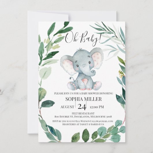 Invitation Safari Elephant Foliage Baby shower de couronne (Devant)
