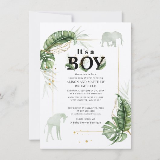 Invitation Safari Elephant Giraffe Baby shower Botanique (Devant)